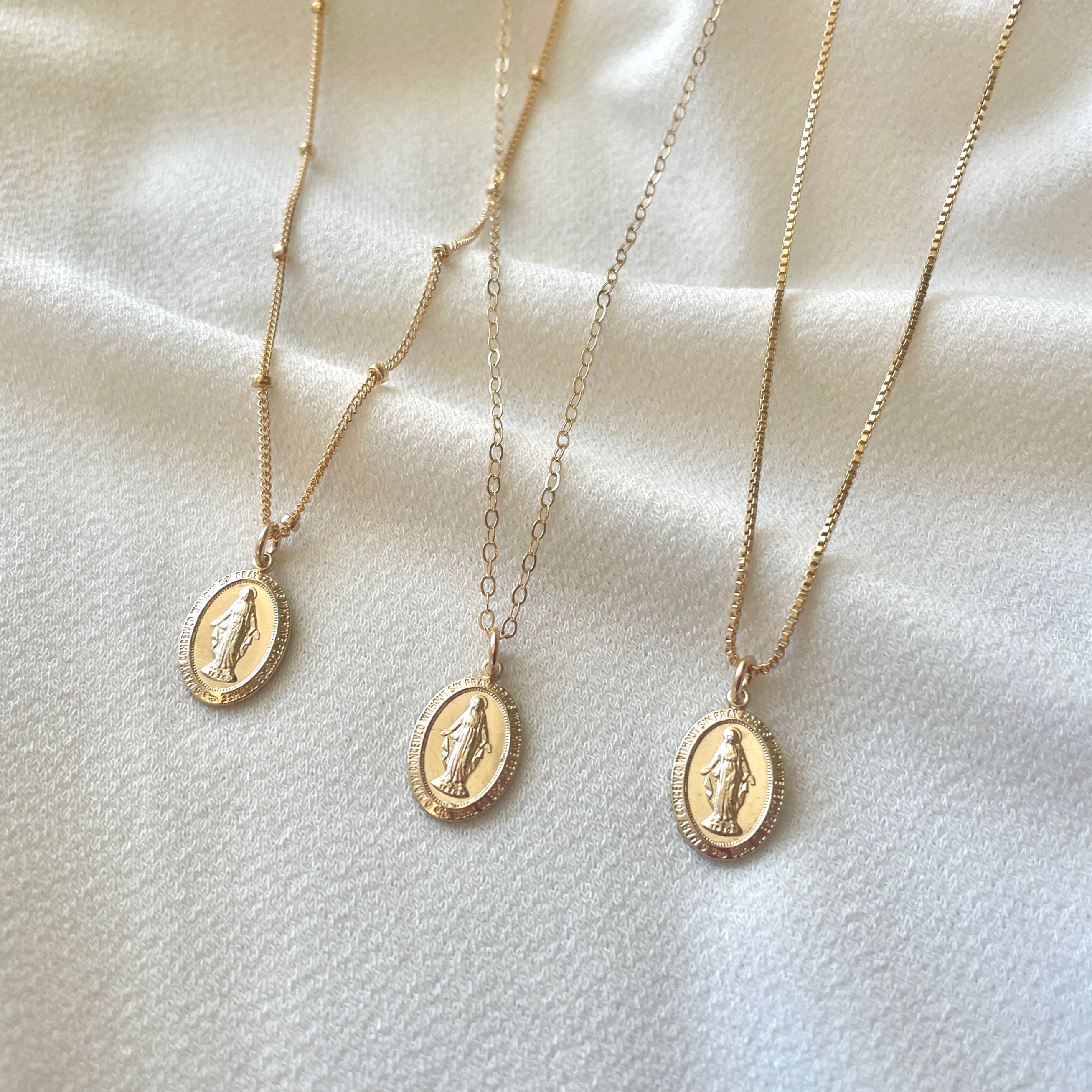 Petite Blessed Mother Virgin Mary Gold Coin Medallion Necklace (Mary Pico)