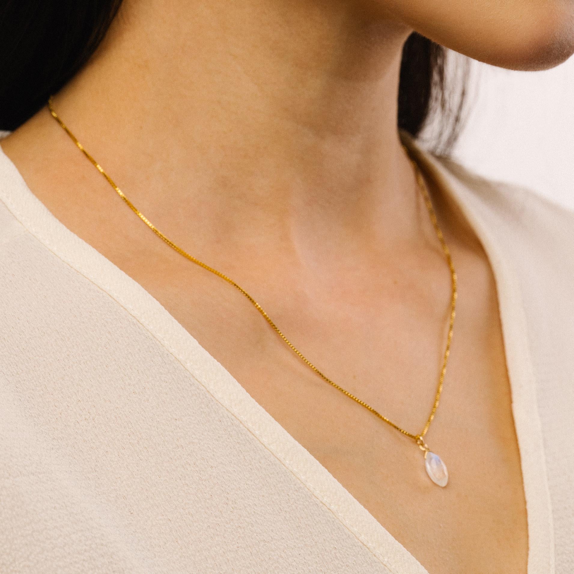 Briar Gold Fill Rainbow Moonstone Pendant – Tiny Marquise Gemstone Necklace on 18" Box or Cable Chain