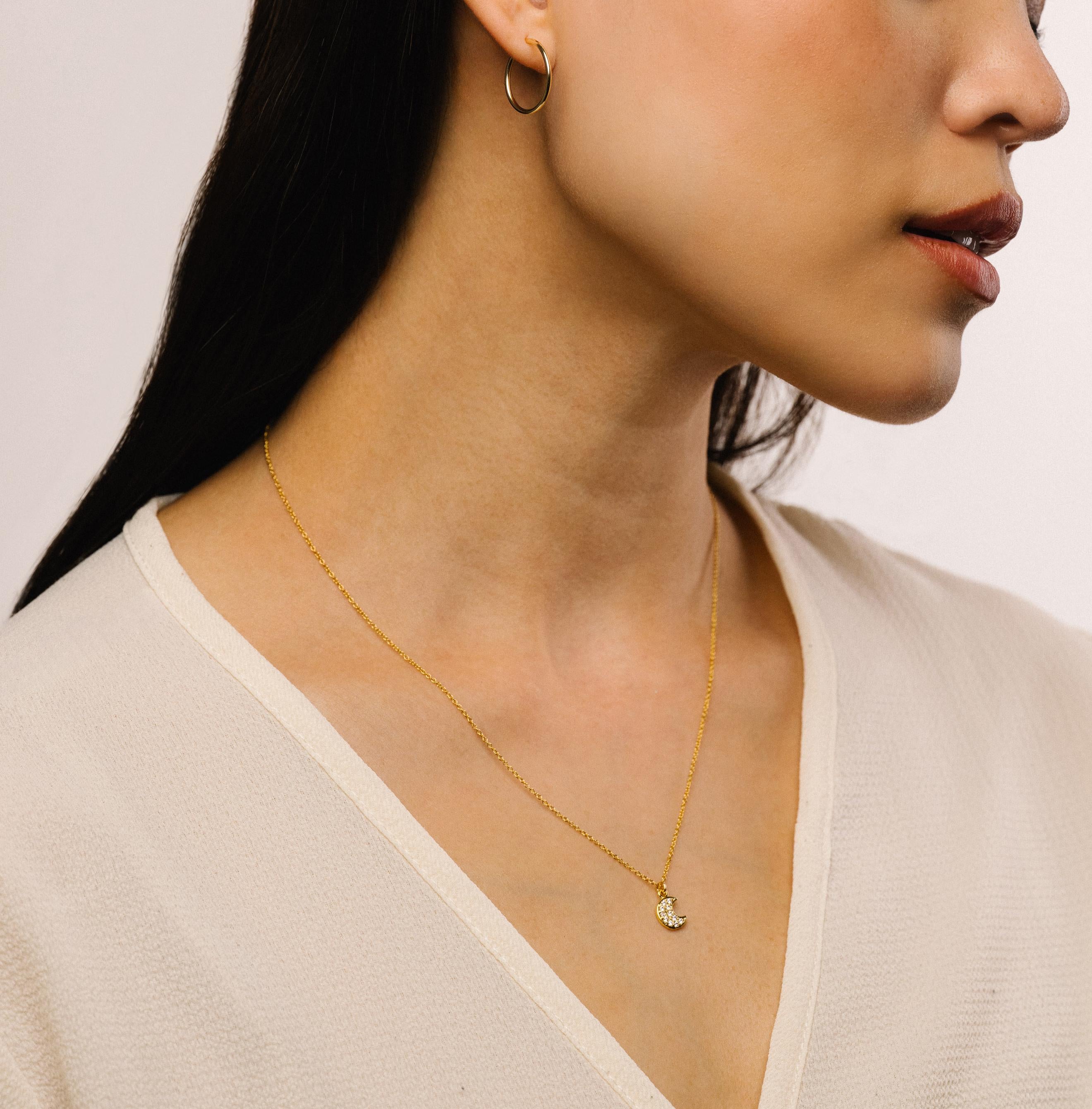Lune Dainty Gold Moon Necklace – Tiny CZ Vermeil Crescent on 16–18" Gold Fill Chain