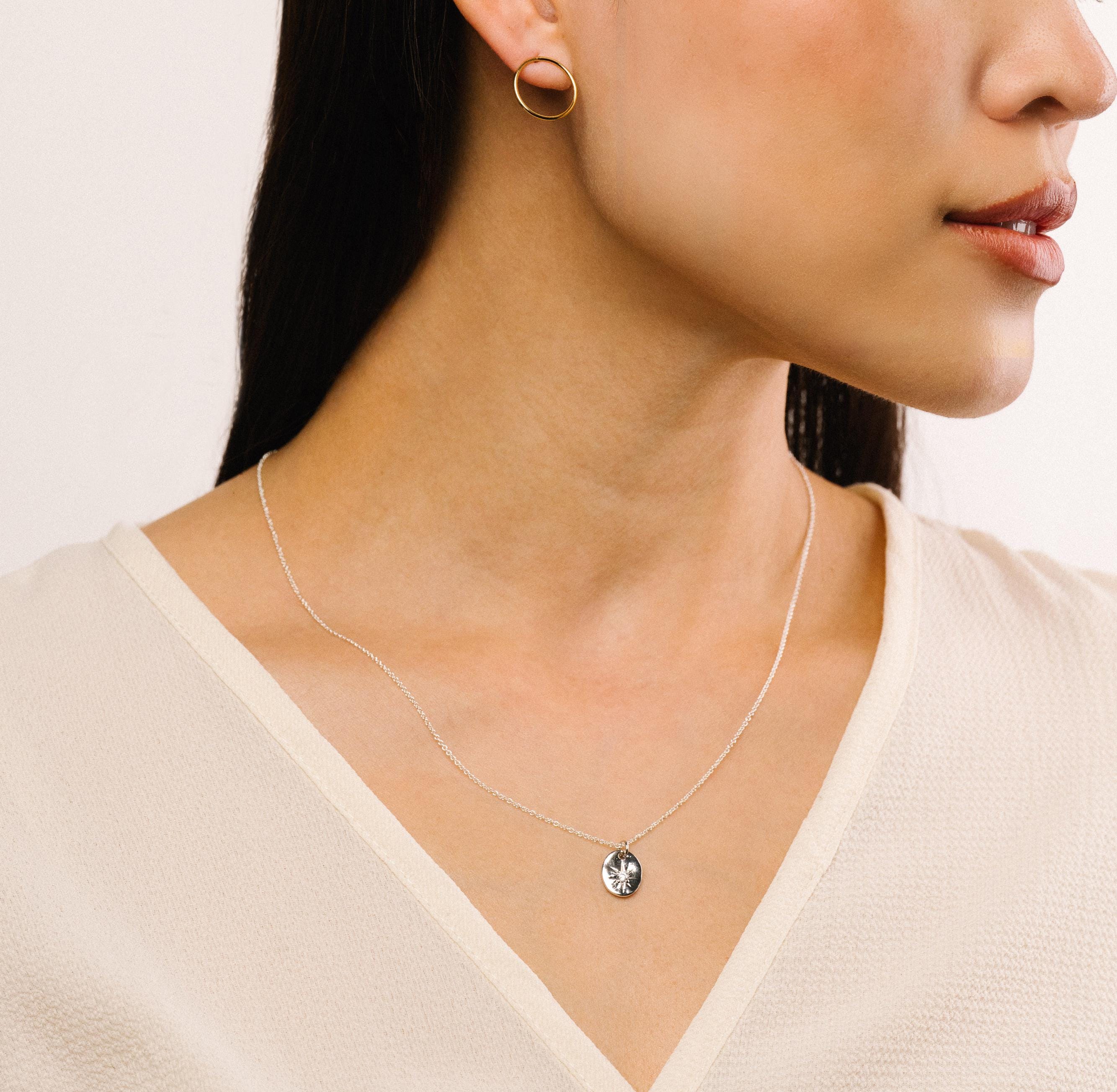 Tresor Silver North Star Necklace – Oval Cubic Zirconia Pendant on Adjustable Sterling Silver Chain