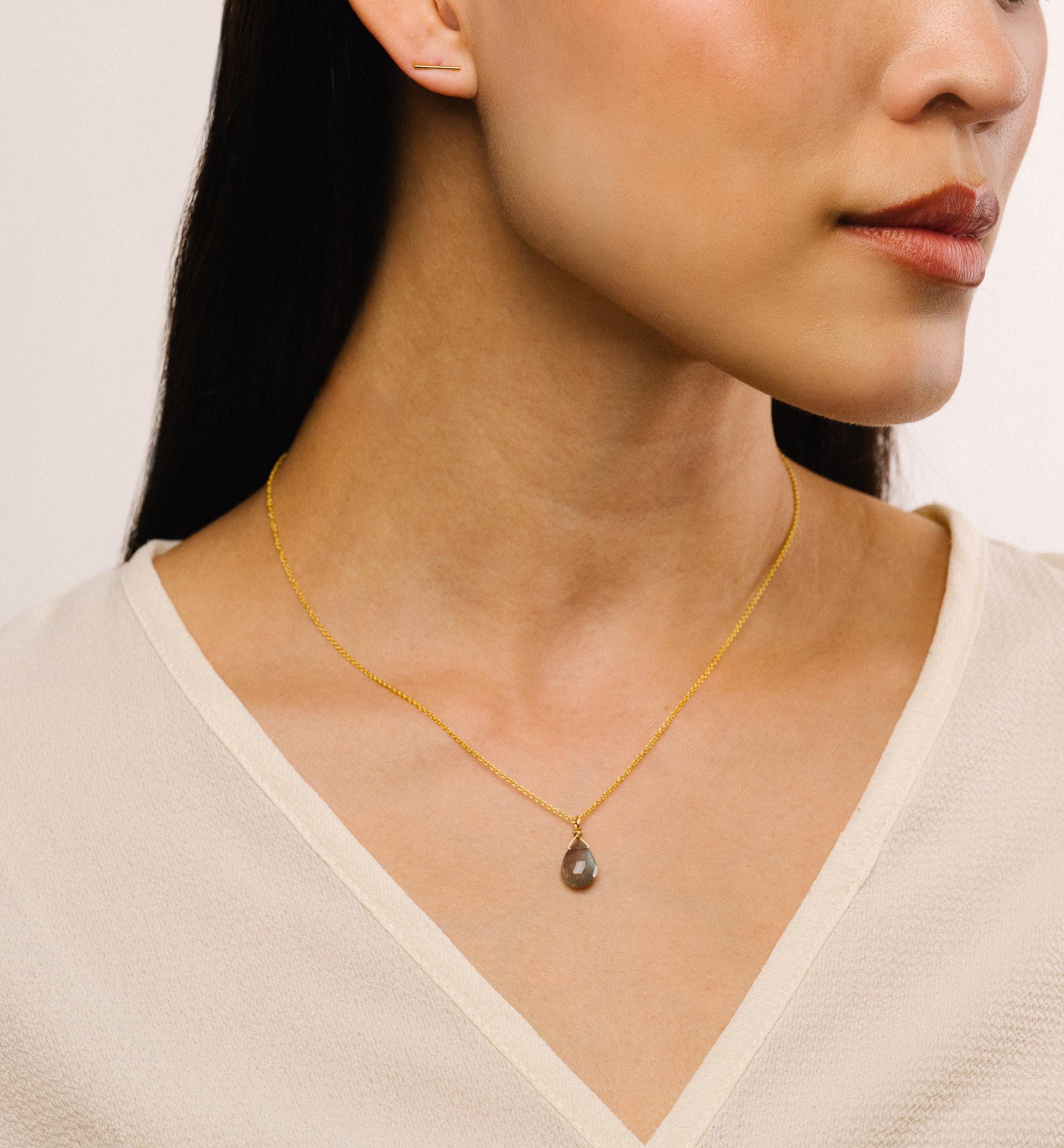 Tova Gold Labradorite Pendant – Faceted Teardrop Necklace on Gold Fill Adjustable Cable or 18" Box Chain