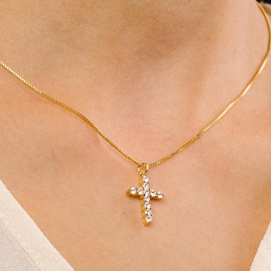 Odine Gold CZ Cross Necklace – Vermeil Statement Pendant on 18" 14K Gold Fill Box Chain