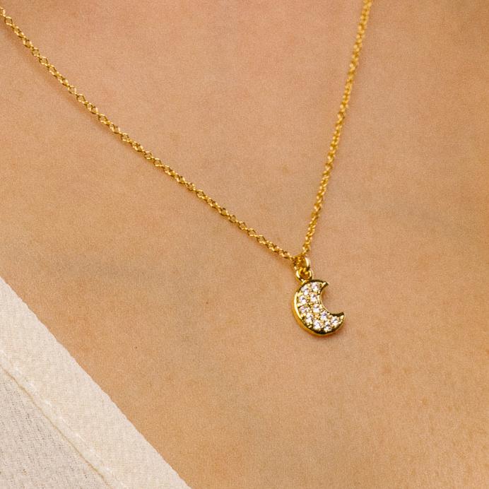 Lune Dainty Gold Moon Necklace – Tiny CZ Vermeil Crescent on 16–18" Gold Fill Chain