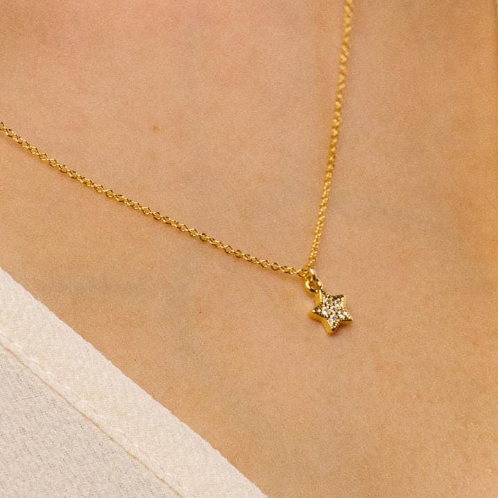 Rivelle Dainty Gold Star Necklace – Tiny CZ Vermeil Pendant on 16–18" Gold Fill Chain