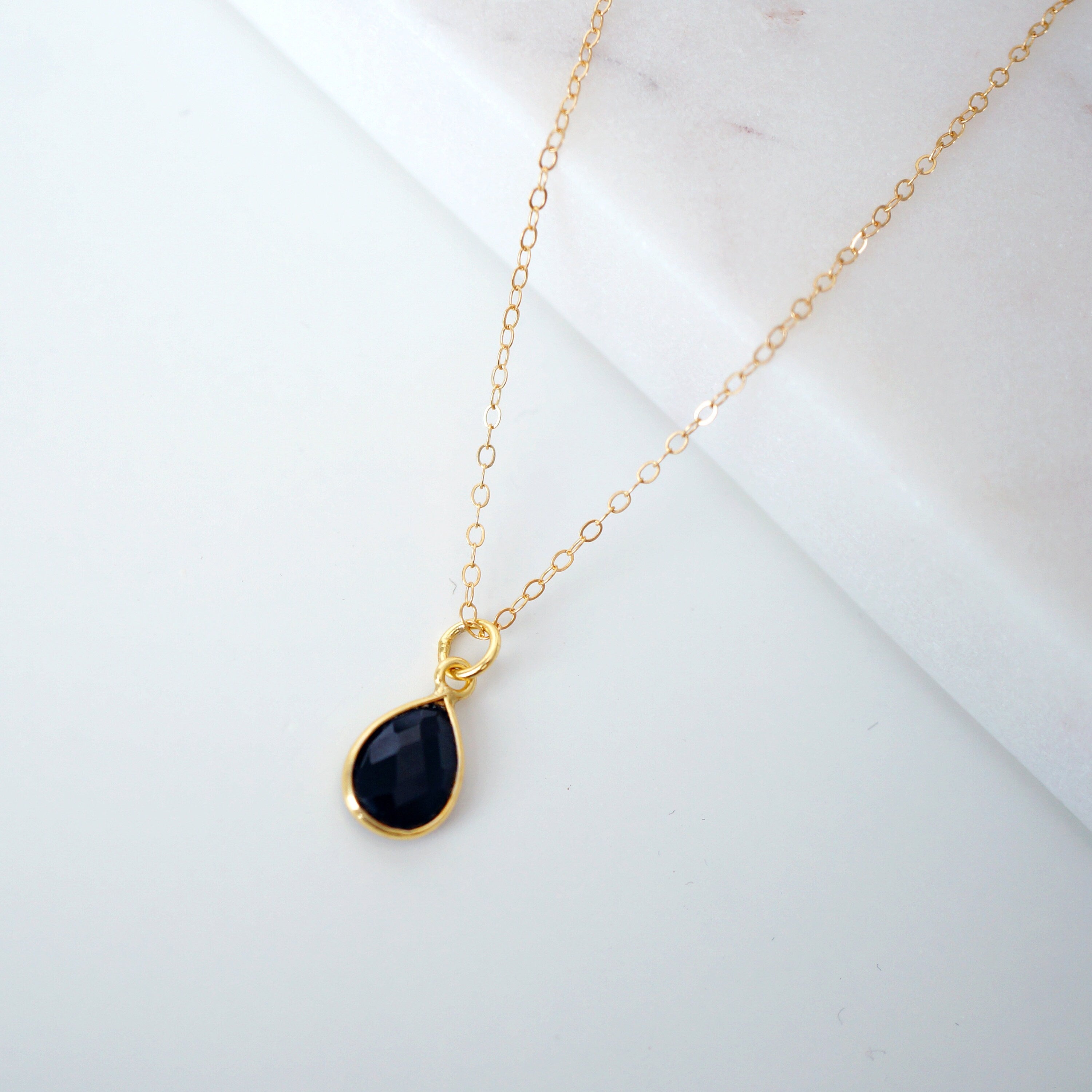Black Spinel Gemstone Teardrop Gold Necklace (Savannah) // Gift for her // Minimalist necklace //