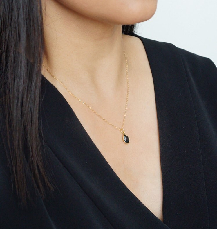 Black Spinel Gemstone Teardrop Gold Necklace (Savannah) // Gift for her // Minimalist necklace //
