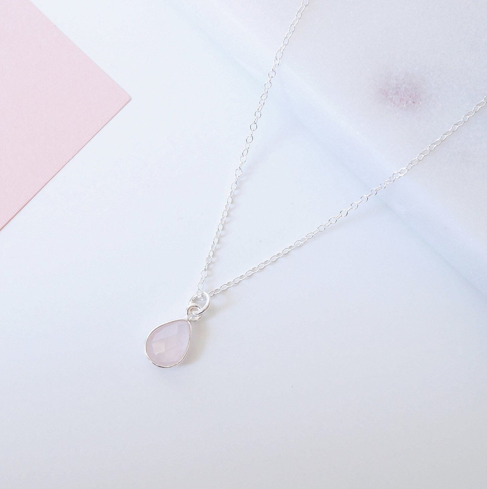 Rose Quartz Teardrop Sterling Silver Necklace (Arosa) // Gift for her // Minimalist jewellery //