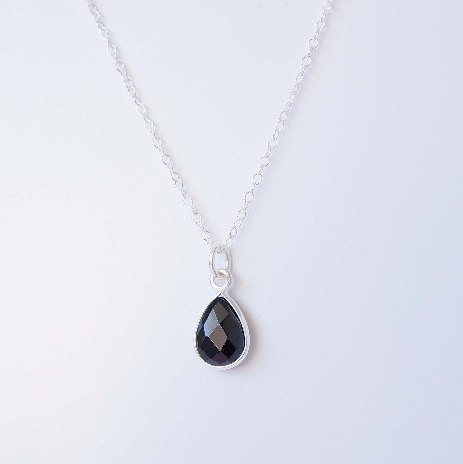 Black Spinel Gemstone Teardrop Sterling Silver Necklace (Isla) // Gift for her // Minimalist necklace //