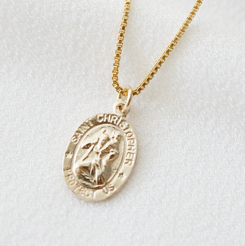 Traveler's Protection Small Gold Coin Necklace (St Christopher Spiro) // Saint Christopher Medal 14K Gold filled // Religious Jewelry