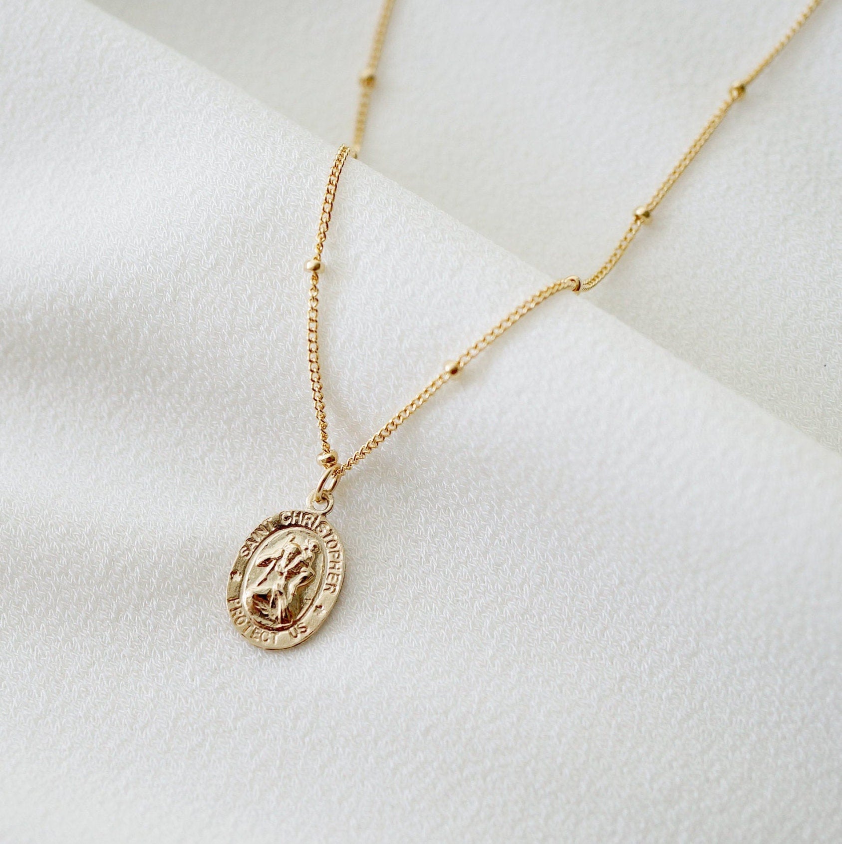 Traveler's Protection Small Gold Coin Necklace (St Christopher Spiro) // Saint Christopher Medal 14K Gold filled // Religious Jewelry