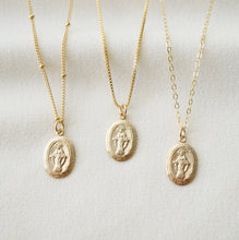Load image into Gallery viewer, Petite Blessed Mother Virgin Mary Gold Coin Medallion Necklace (Mary Pico) // 14K Gold filled // Gold Coin Jewelry // Religious Jewelry