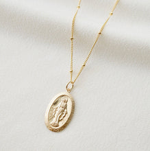 Load image into Gallery viewer, Blessed Mother Virgin Mary Gold Coin Medallion Necklace (Mary Centro) // 14K Gold filled // Gold Coin Jewelry // Religious Jewelry