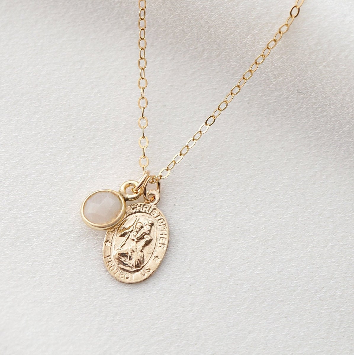Traveler's Protection Gold Coin Medallion Moonstone Necklace (St Christopher Spiro Cira) // 14K Gold filled // Gold Coin Jewelry