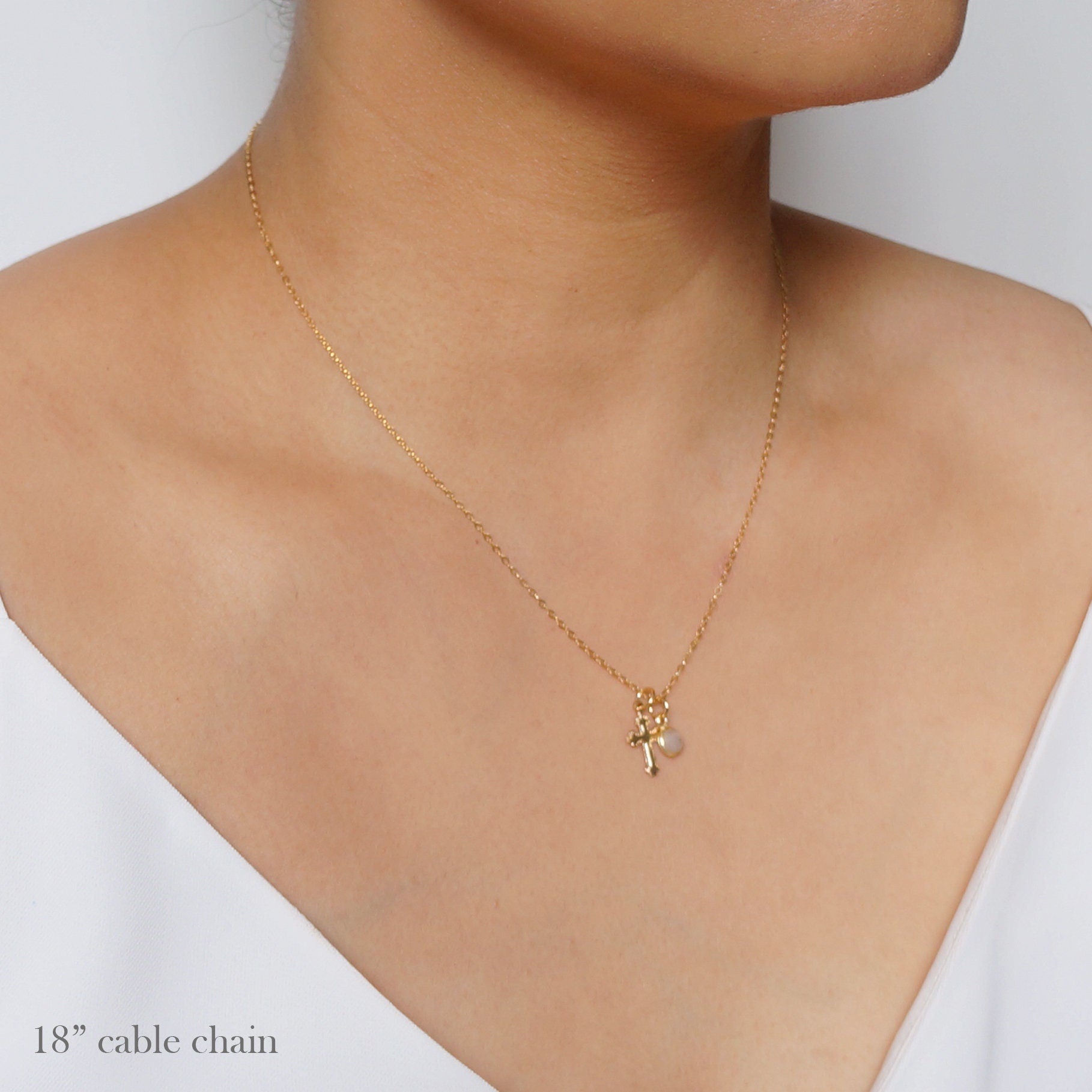 Tiny Gold Cross Necklace with moonstone gemstone (Jada Gem) // 14K Gold filled // Religious jewelry // Minimalist jewelry
