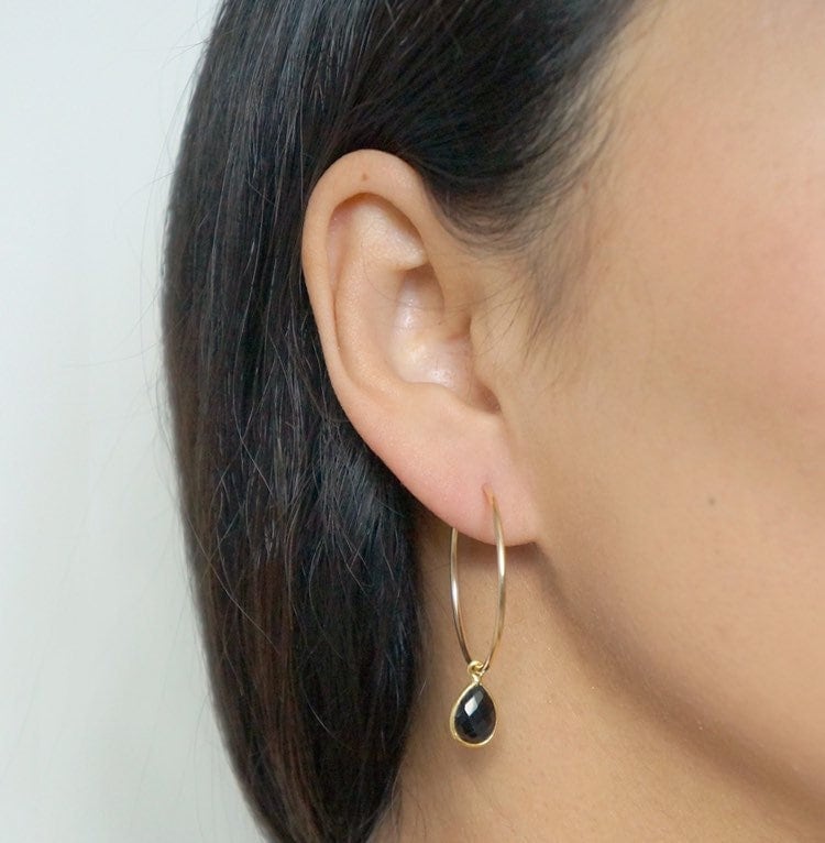 Black Spinel Gemstone Gold Large Hoop Earrings (Nuova) // Gifts for her // Handmade earrings // Minimalist jewelry