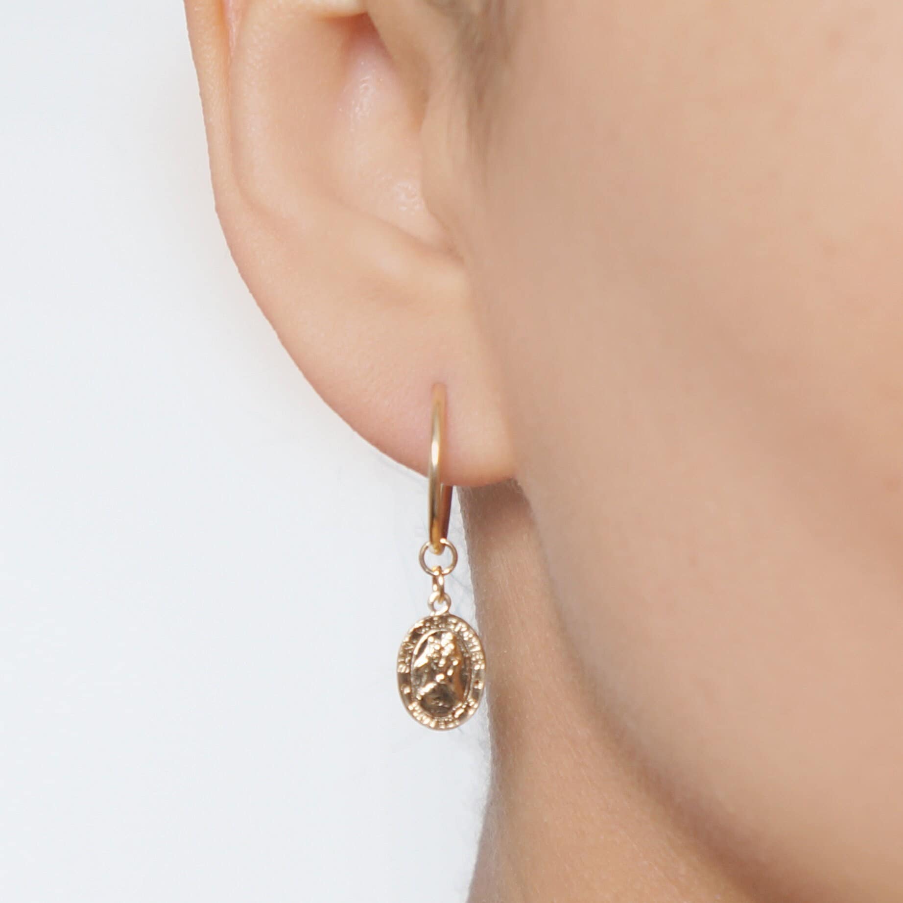 Traveler's Protection Gold Coin Medallion Hoop Earrings (St Christopher Spiro) // 14K Gold filled // Gold Coin Jewelry // Religious Jewelry