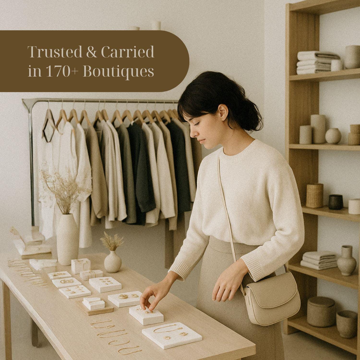 A woman in a white sweater is examining jewelry on a table in a clothing store, surrounded by various clothing items and accessories.