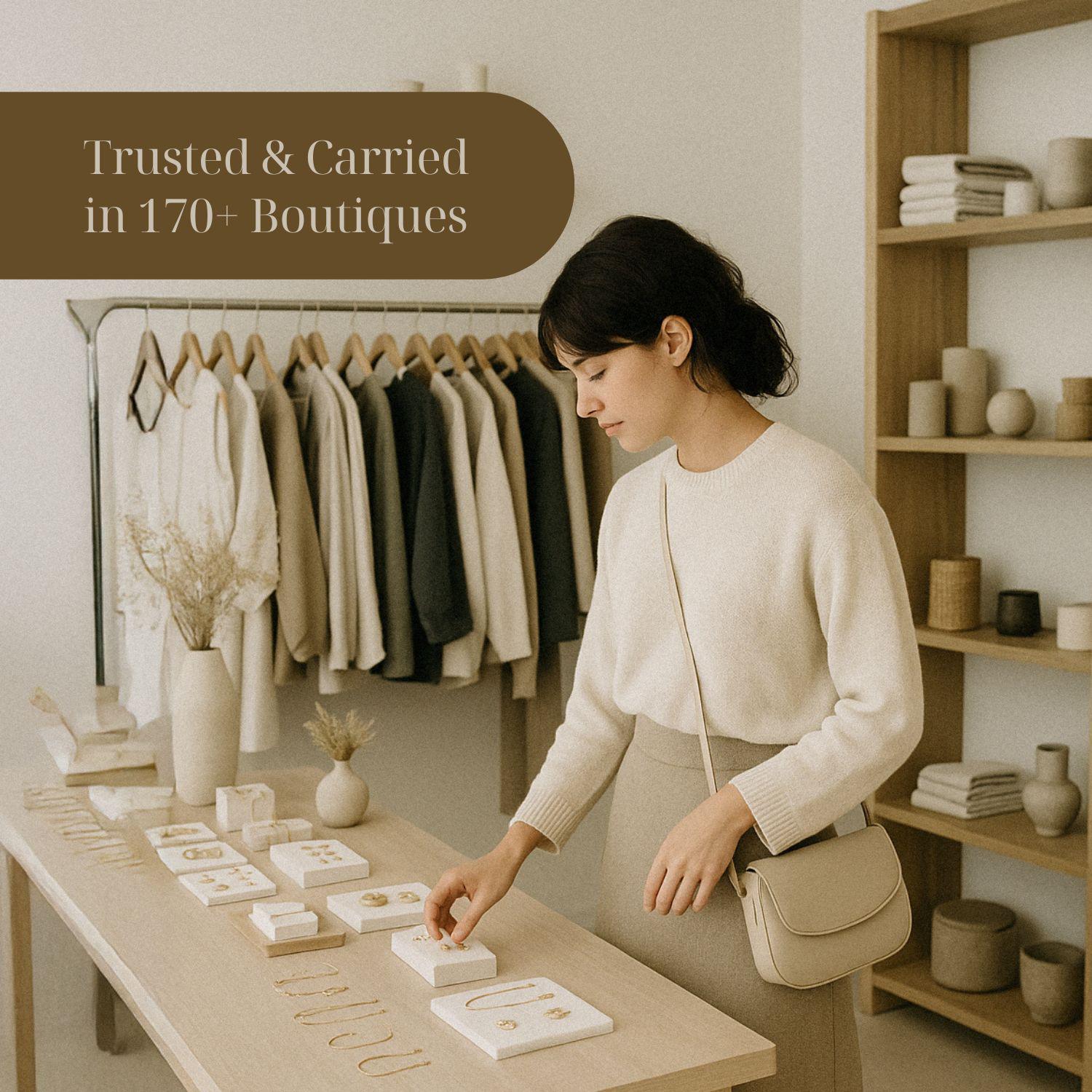 A woman in a white sweater is examining jewelry on a table in a clothing store, surrounded by various clothing items and accessories.