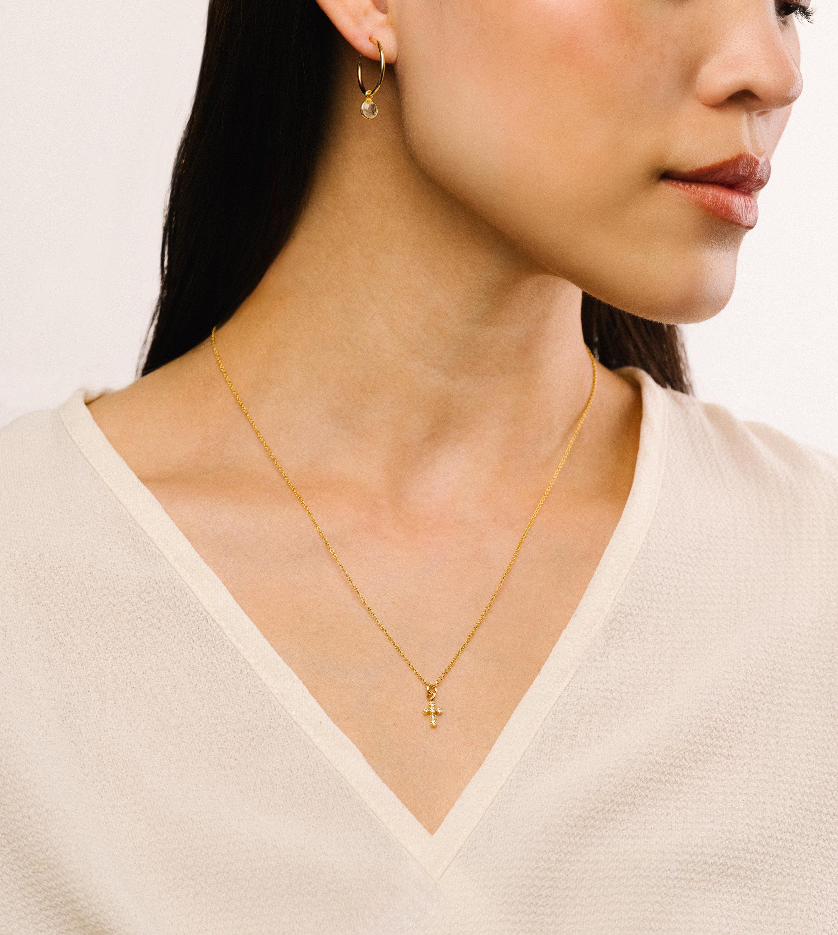 Eden Tiny Vermeil Gold Cross Pendant – Dainty CZ Necklace on Adjustable Gold Fill Chain