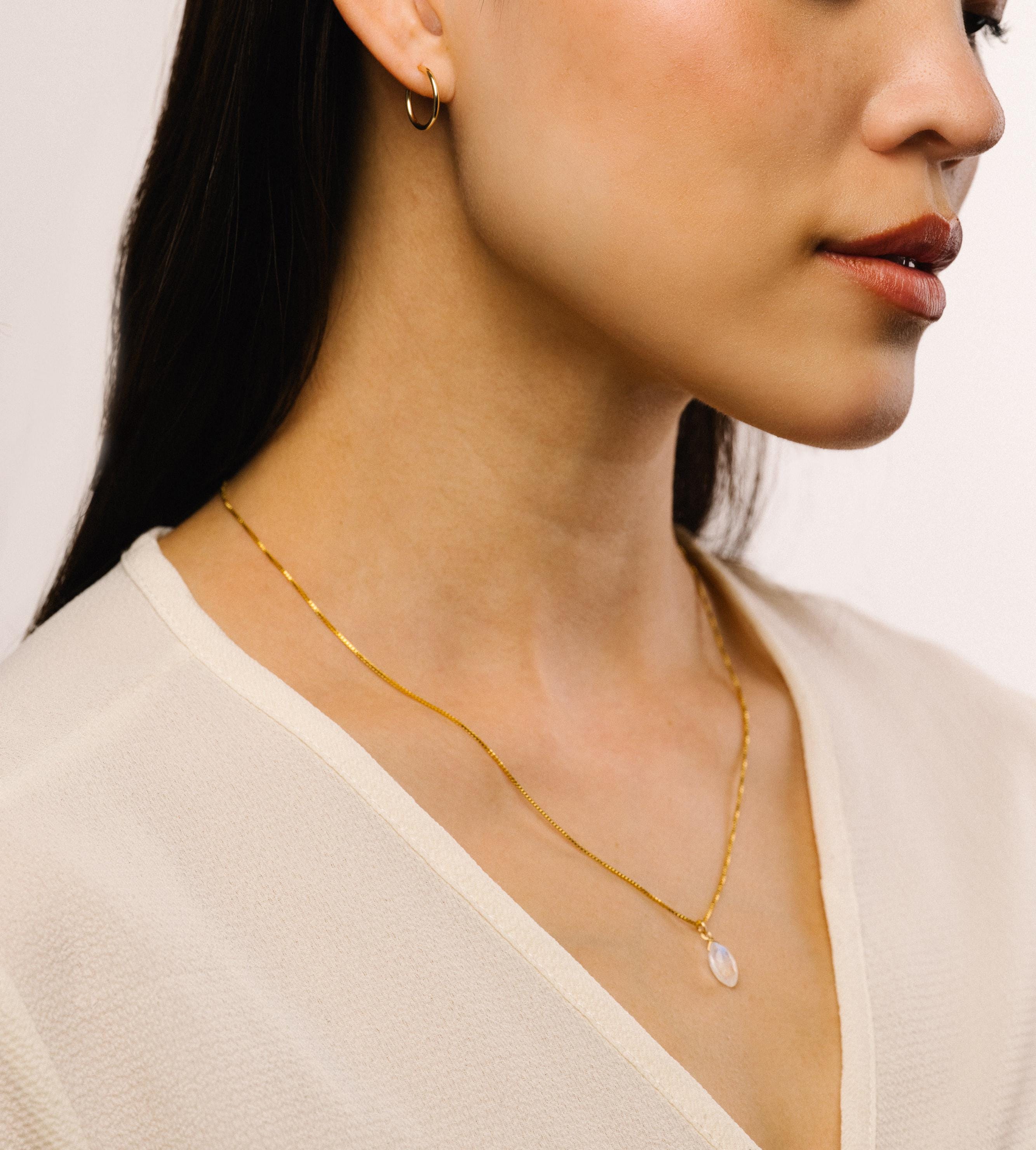 Briar Gold Fill Rainbow Moonstone Pendant – Tiny Marquise Gemstone Necklace on 18" Box or Cable Chain