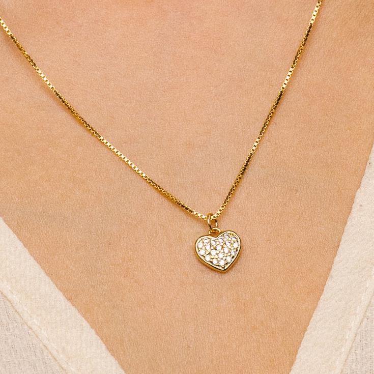 Stella CZ Gold Heart Necklace – Gold Vermeil Sparkle Heart Pendant on 18" 14K Gold Fill Box Chain