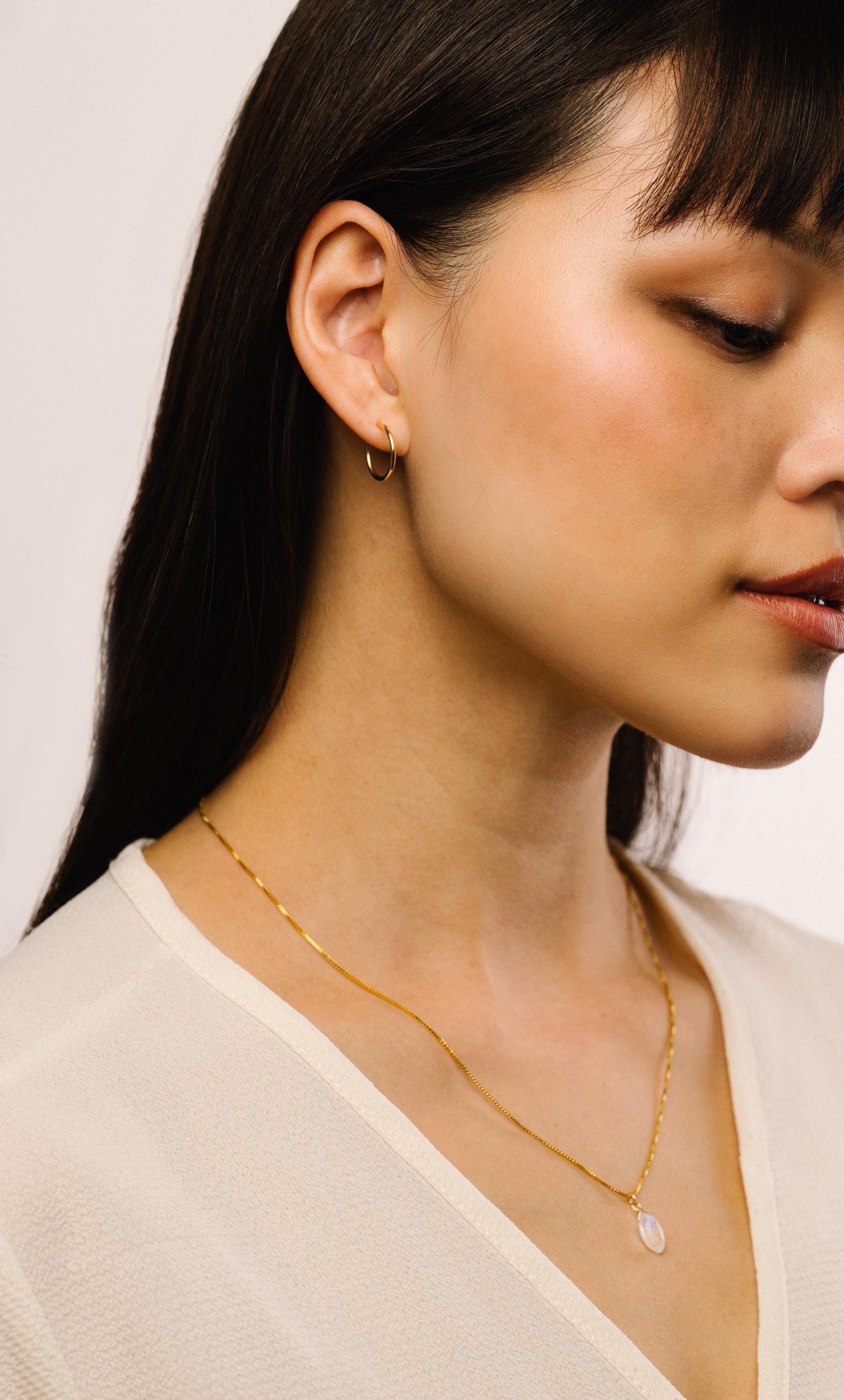 Briar Gold Fill Rainbow Moonstone Pendant – Tiny Marquise Gemstone Necklace on 18" Box or Cable Chain