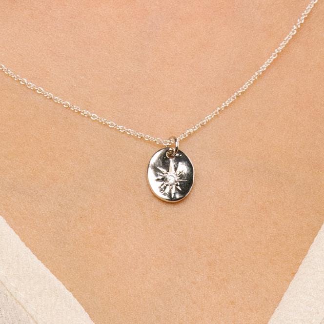 Tresor Silver North Star Necklace – Oval Cubic Zirconia Pendant on Adjustable Sterling Silver Chain