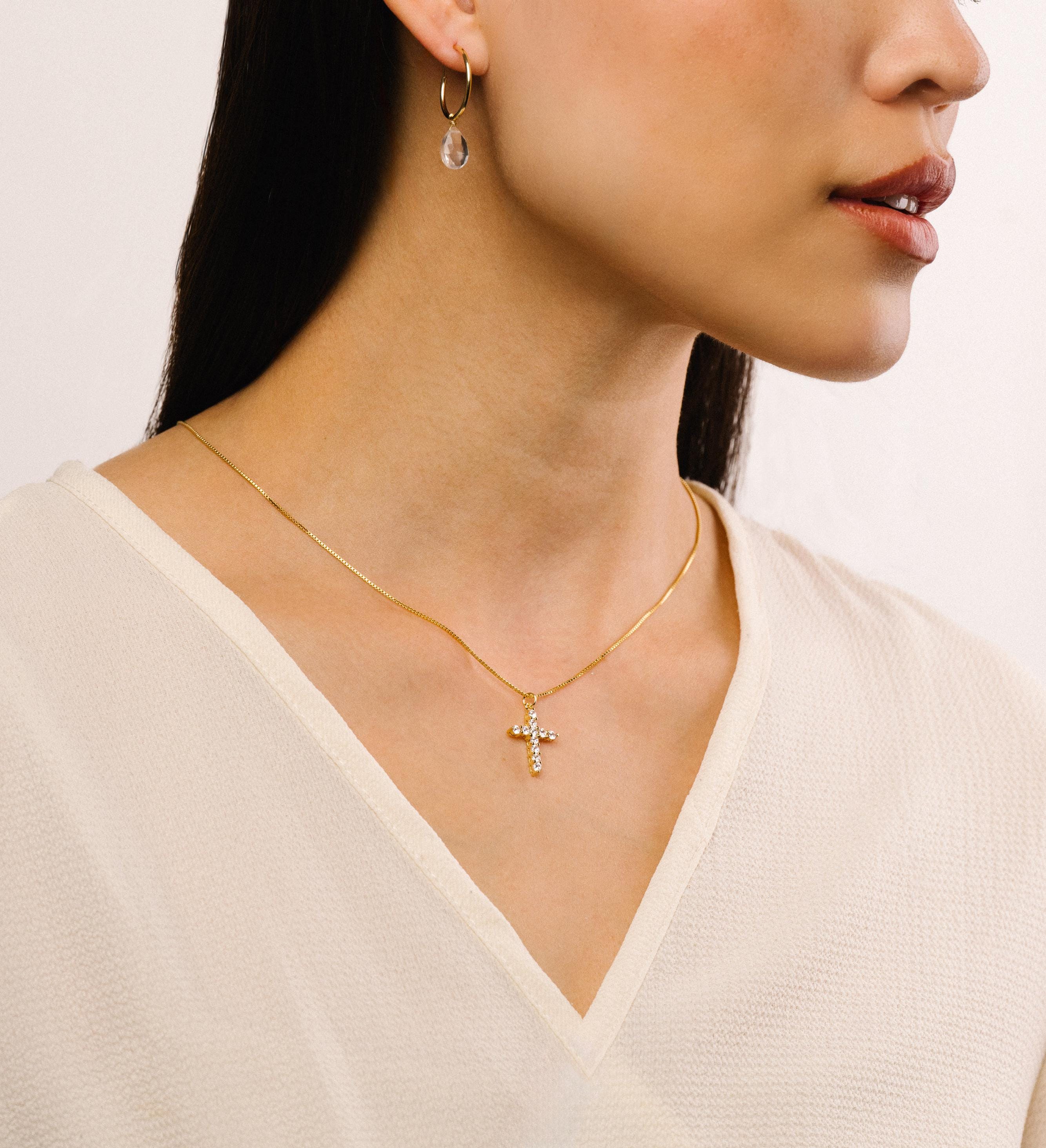 Odine Gold CZ Cross Necklace – Vermeil Statement Pendant on 18" 14K Gold Fill Box Chain