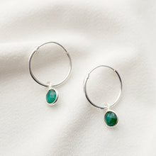 Load image into Gallery viewer, Emerald gemstones on Silver Hoop Earrings (Valais) // May birthstone // Minimalist jewelry // January birthstone