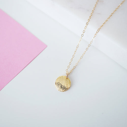 Gold Vermeil Angled Textured Coin on 14K Gold-fill Necklace (Casey) 