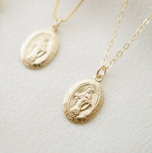 Load image into Gallery viewer, Petite Blessed Mother Virgin Mary Gold Coin Medallion Necklace (Mary Pico) // 14K Gold filled // Gold Coin Jewelry // Religious Jewelry