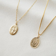 Load image into Gallery viewer, Petite Blessed Mother Virgin Mary Gold Coin Medallion Necklace (Mary Pico) // 14K Gold filled // Gold Coin Jewelry // Religious Jewelry