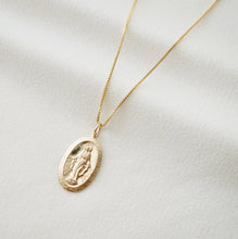 Load image into Gallery viewer, Blessed Mother Virgin Mary Gold Coin Medallion Necklace (Mary Centro) // 14K Gold filled // Gold Coin Jewelry // Religious Jewelry