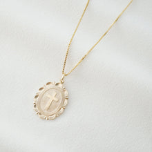 Load image into Gallery viewer, Cross Gold Coin Medallion Necklace (Monet) // 14K Gold filled // Gold Coin Jewelry // Religious Jewelry