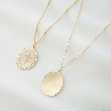 Load image into Gallery viewer, Cross Gold Coin Medallion Necklace (Monet) // 14K Gold filled // Gold Coin Jewelry // Religious Jewelry