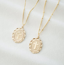 Load image into Gallery viewer, Cross Gold Coin Medallion Necklace (Monet) // 14K Gold filled // Gold Coin Jewelry // Religious Jewelry