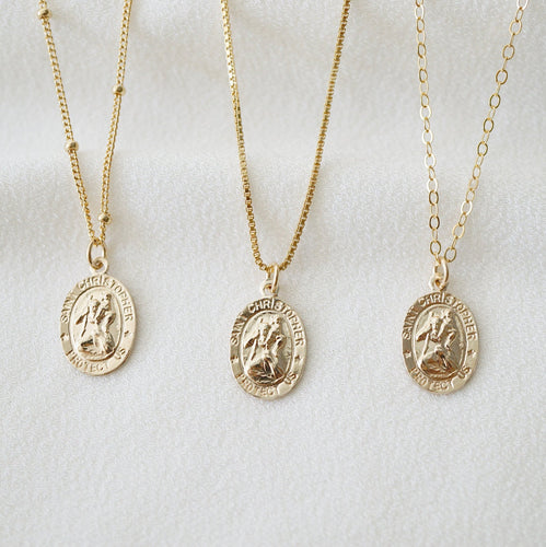 Traveler's Protection Small Gold Coin Necklace (St Christopher Spiro) // Saint Christopher Medal 14K Gold filled // Religious Jewelry