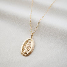 Load image into Gallery viewer, Blessed Mother Virgin Mary Gold Coin Medallion Necklace (Mary Centro) // 14K Gold filled // Gold Coin Jewelry // Religious Jewelry