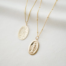 Load image into Gallery viewer, Blessed Mother Virgin Mary Gold Coin Medallion Necklace (Mary Centro) // 14K Gold filled // Gold Coin Jewelry // Religious Jewelry
