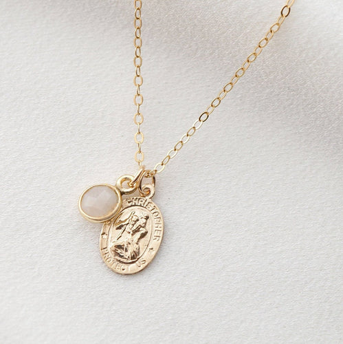 Traveler's Protection Gold Coin Medallion Moonstone Necklace (St Christopher Spiro Cira) // 14K Gold filled // Gold Coin Jewelry