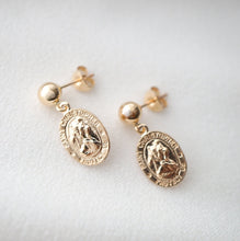 Load image into Gallery viewer, Traveler&#39;s Protection Gold Coin Medallion Stud Earrings (St Christopher Spiro) // 14K Gold filled // Gold Coin Jewelry // Religious Jewelry