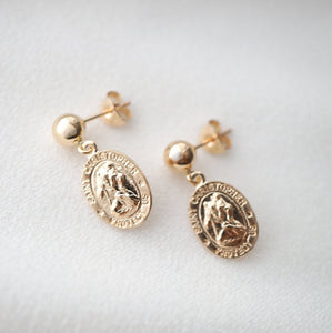 Traveler's Protection Gold Coin Medallion Stud Earrings (St Christopher Spiro) // 14K Gold filled // Gold Coin Jewelry // Religious Jewelry