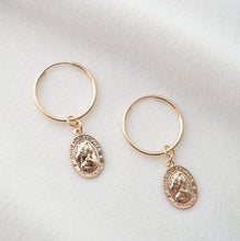 Load image into Gallery viewer, Traveler&#39;s Protection Gold Coin Medallion Hoop Earrings (St Christopher Spiro) // 14K Gold filled // Gold Coin Jewelry // Religious Jewelry
