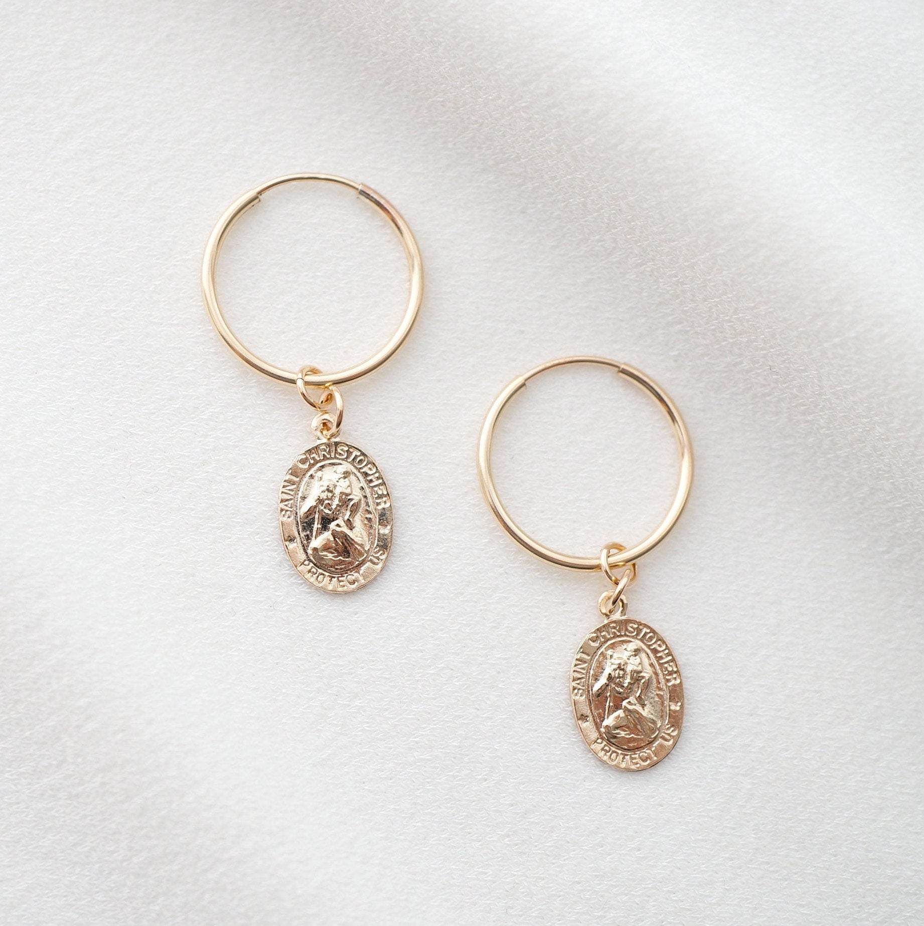 Traveler's Protection Gold Coin Medallion Hoop Earrings (St Christopher Spiro) // 14K Gold filled // Gold Coin Jewelry // Religious Jewelry