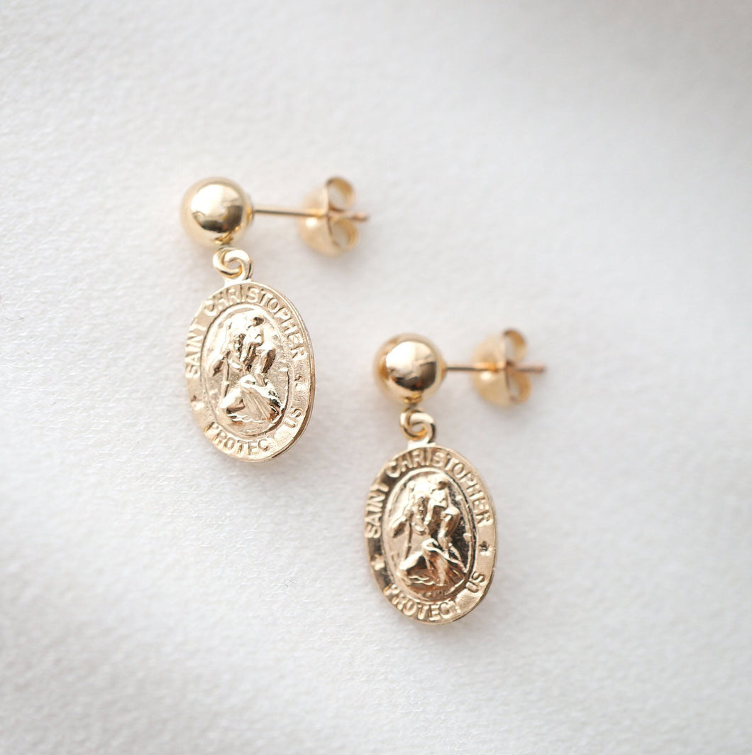 Traveler's Protection Gold Coin Medallion Stud Earrings (St Christopher Spiro) // 14K Gold filled // Gold Coin Jewelry // Religious Jewelry