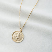 Load image into Gallery viewer, Blessed Mother Virgin Mary Gold Coin Medallion Necklace (Mary Regal) // 14K Gold filled // Gold Coin Jewelry // Minimalist jewelry