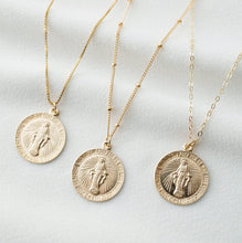 Load image into Gallery viewer, Blessed Mother Virgin Mary Gold Coin Medallion Necklace (Mary Regal) // 14K Gold filled // Gold Coin Jewelry // Minimalist jewelry