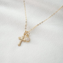 Load image into Gallery viewer, Tiny Gold Cross Necklace with moonstone gemstone (Jada Gem) // 14K Gold filled // Religious jewelry // Minimalist jewelry