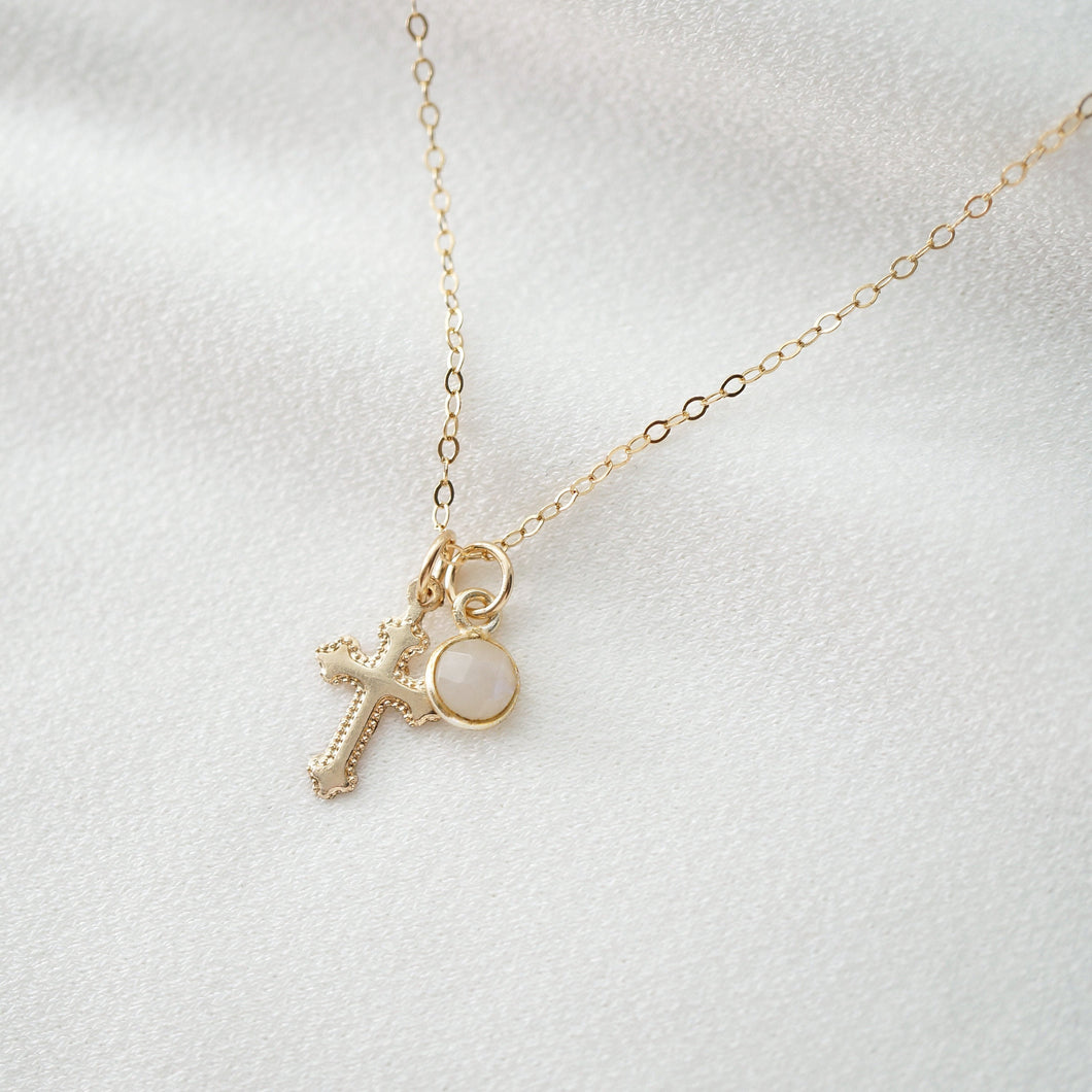 Tiny Gold Cross Necklace with moonstone gemstone (Jada Gem) // 14K Gold filled // Religious jewelry // Minimalist jewelry