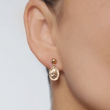 Load image into Gallery viewer, Traveler&#39;s Protection Gold Coin Medallion Stud Earrings (St Christopher Spiro) // 14K Gold filled // Gold Coin Jewelry // Religious Jewelry